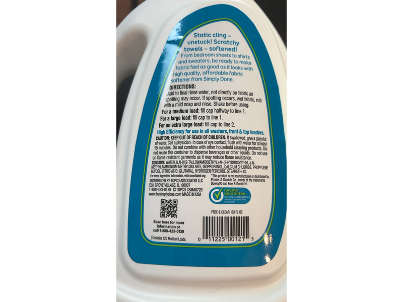 Simply Done Ultra Fabric Softener, Free & Clear, 120 Loads, 103 fl oz/3.04 L