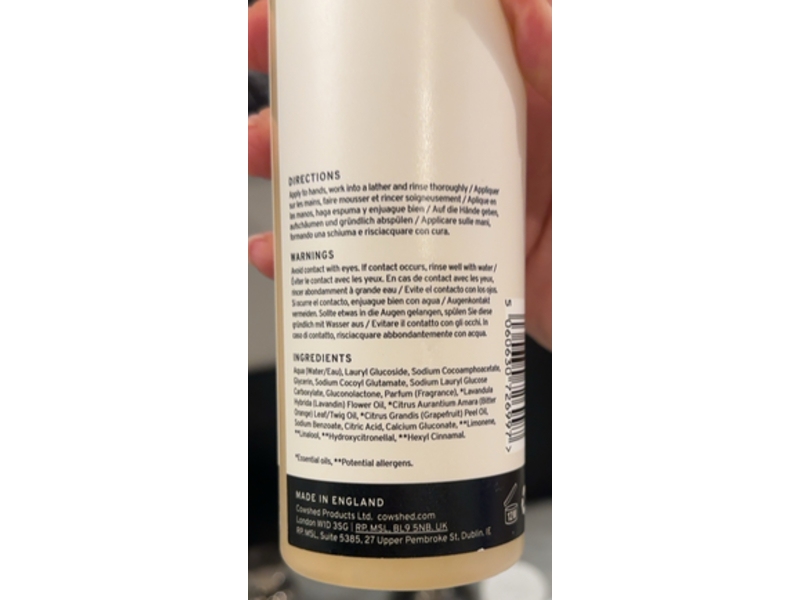Cowshed Refresh Hand Wash, Grapefruit+Bitter Orange & Lavandin, 10.14 fl oz/300 mL