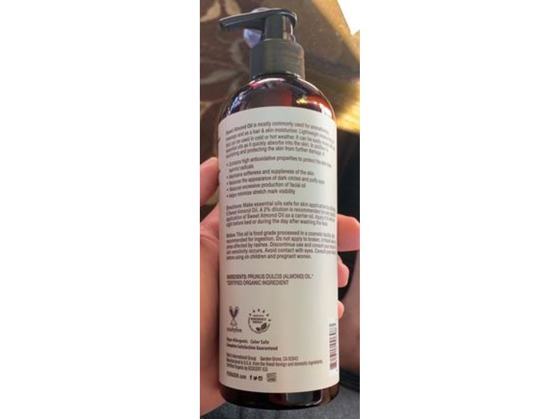 Pura d'or Organic Sweet Almond Oil, 16 fl oz/473 mL