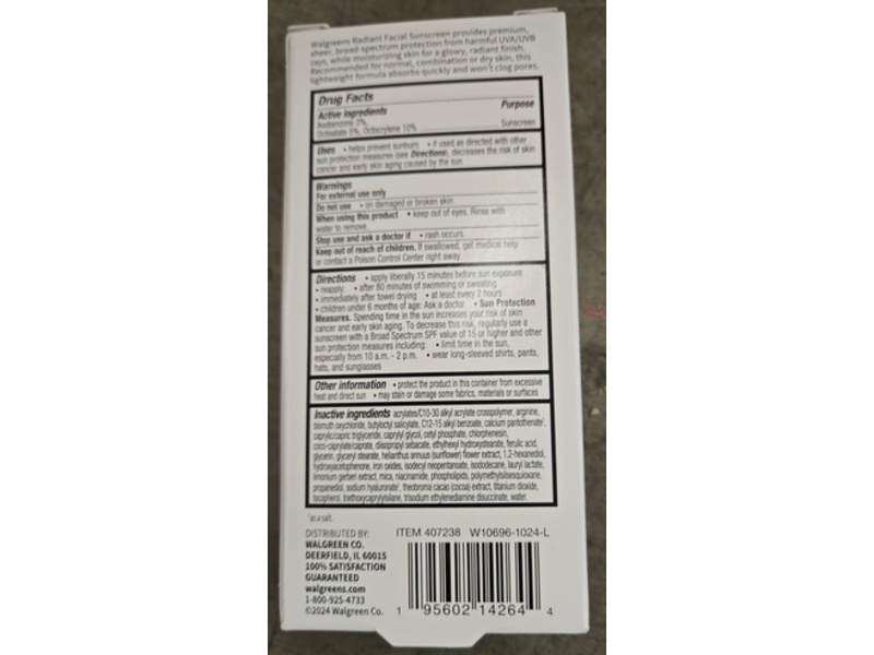 Walgreens Radiant Facial Sunscreen, SPF 40, 1.7 fl oz/50 mL