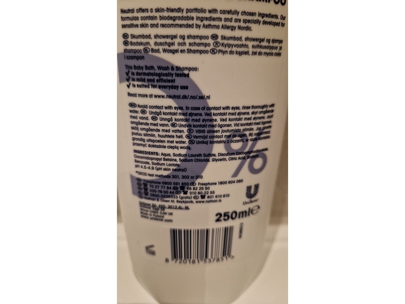 Neutral Baby Bath + Wash & Shampoo, 250 mL