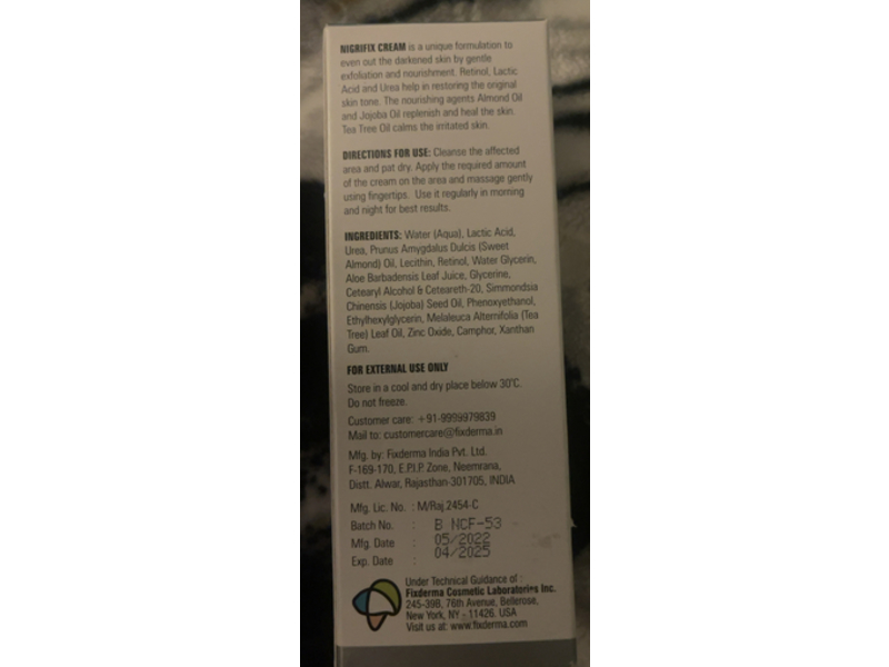 Fixderma Nigrifix Cream, Retinol, lactic Acid, Urea, 3.52 oz/100 g