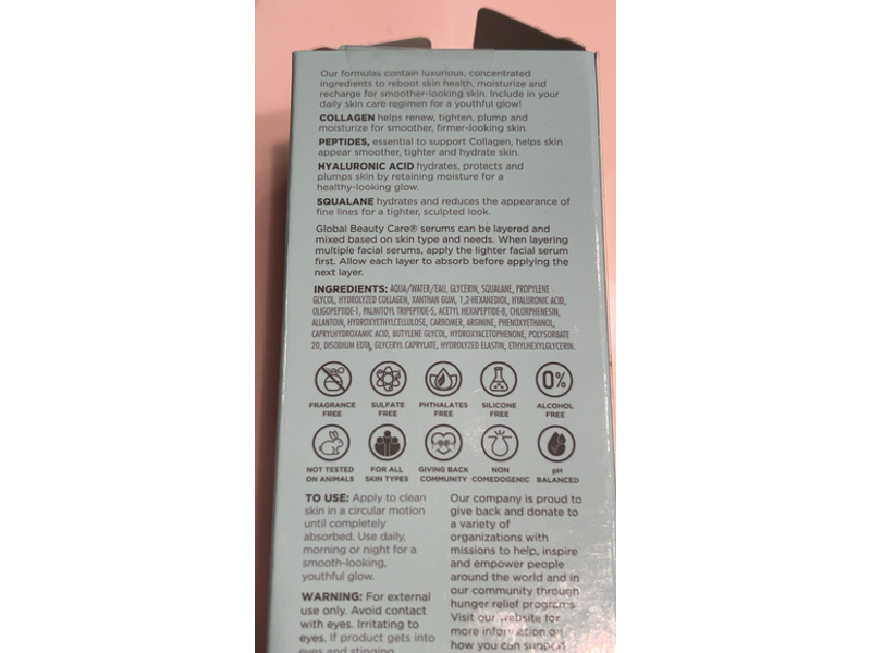 Global Beauty Care Smooth & Lift Collagen Facial Serum, Peptides, Hyaluronic Acid & Squalane, 1fl oz/30ml