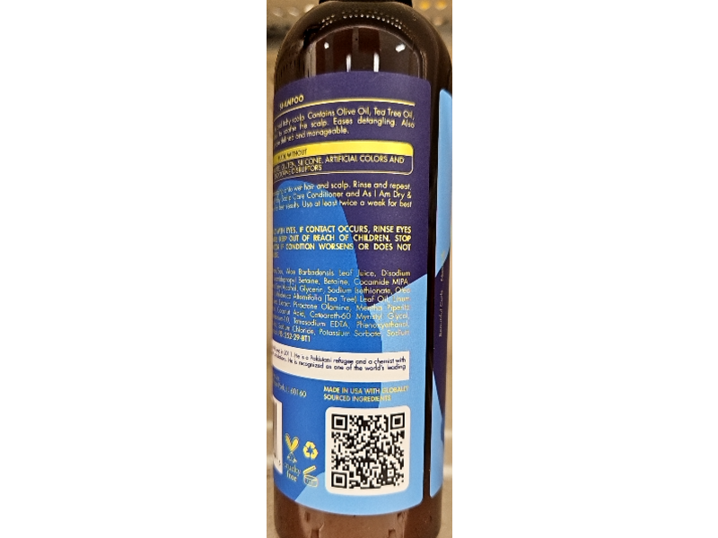 As I Am Dry & Itchy Scalp Care Shampoo, Olive Oil+Tea Tree Oil & Peppermint Oil, 12 fl oz/355 mL