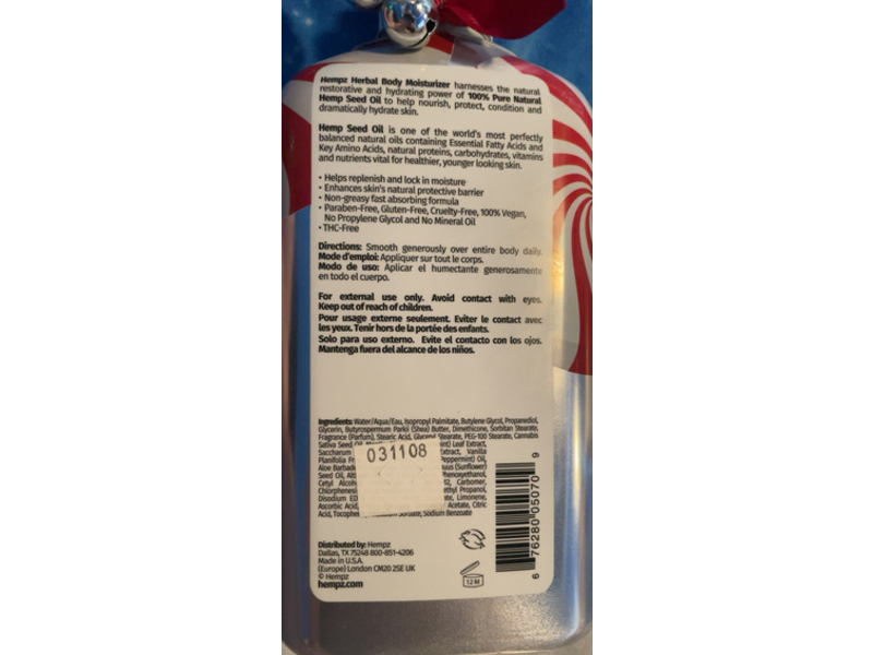 Hempz Herbal Body Moisturizer, Peppermint Vanilla Swirl, 17 fl oz/500 mL