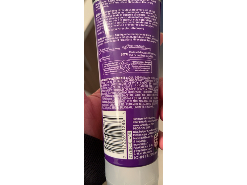 John Frieda Frizz Ease Miraculous Recovery Repairing Shampoo, Ceramides, 250 mL