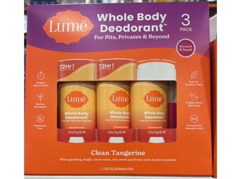 Lume Whole Body Deodorant, Clean Tangerine, 2.6 oz/5 g, Pack Of 3