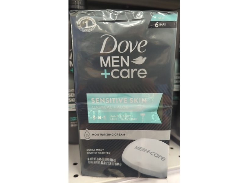 Dove Men + Care Sensitive Skin Hand & Body + Face Shave Bar, Oatmeal + Aloe, 3.75 oz/106 g, 6 Count