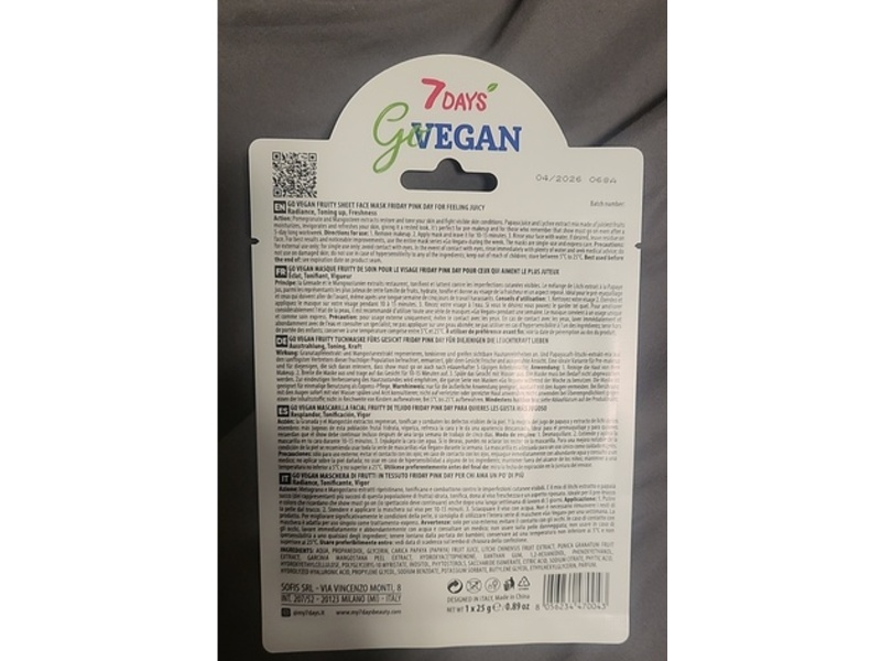 7 Days Go Vegan Pink Day Sheet Face Mask, 0.89 oz/25 g