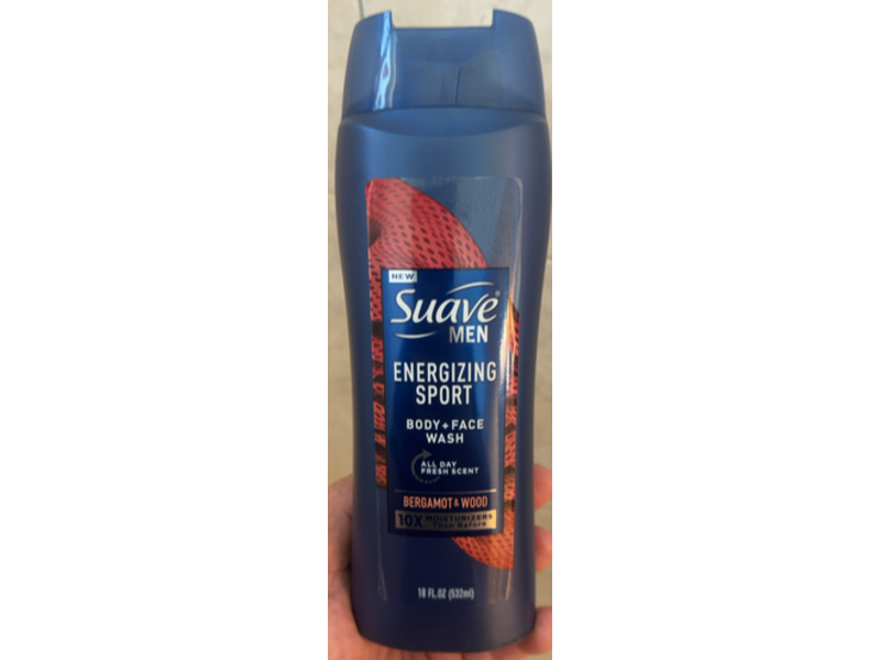Suave Men Energizing Sport Body + Face Wash, Bergamot & Wood, 18 fl oz/532 mL
