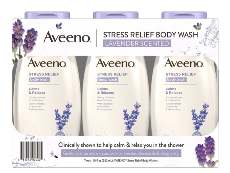 Aveeno Stress Relief Body Wash, Prebiotic Oat + Lavender Scent, 18 fl oz/532 mL, Pack Of 3