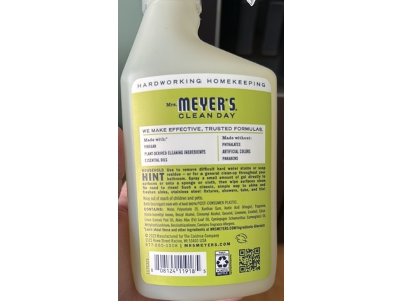 Mrs. Meyer's Clean Day Vinegar Gel Cleansing Spray, Lemon Verbena Scent, 16 fl oz/473 mL