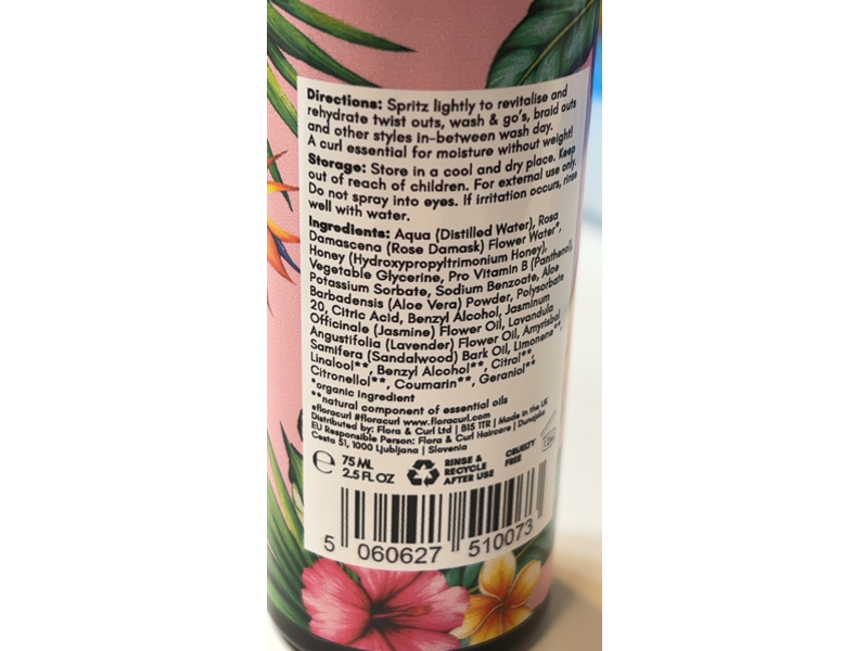 Flora & Curl Hydrate Me Hair Mist, Jasmine Oasis, 2.5 fl oz/75 mL