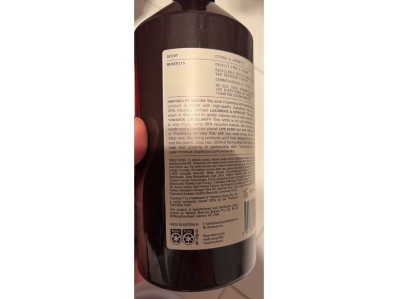 Thankyou. Body Wash, Botanical Lemon Myrtle & Oat Milk, 33.8 fl oz/1 L