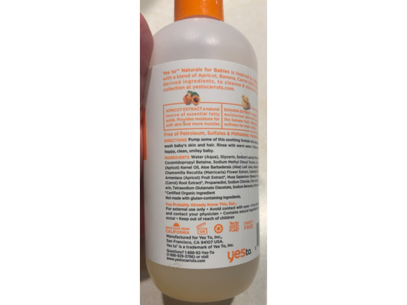 Yes To Naturals Baby Shampoo & Body Wash, Apricot + Banana & Carrot Extract, 12 fl oz/355 mL