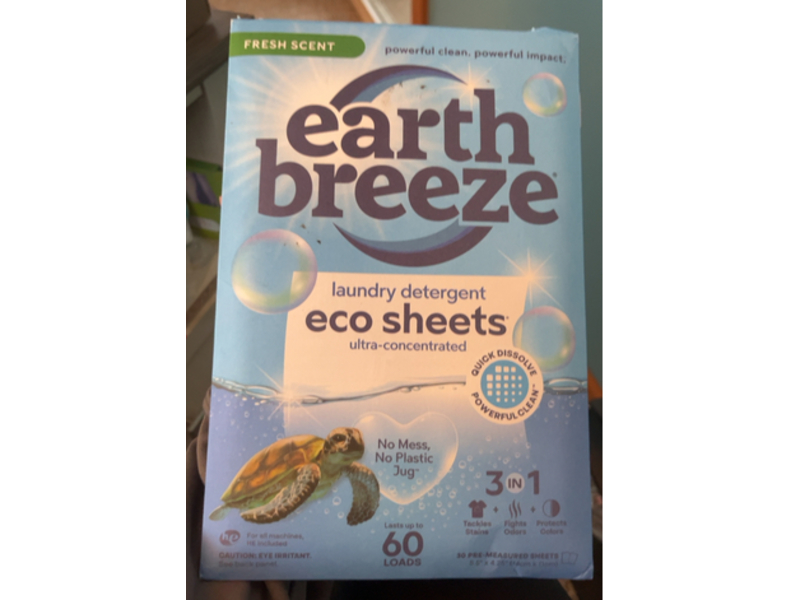 Earth Breeze Laundry Detergent Eco Sheets, Fresh Scent, 60 Loads, 30 Count