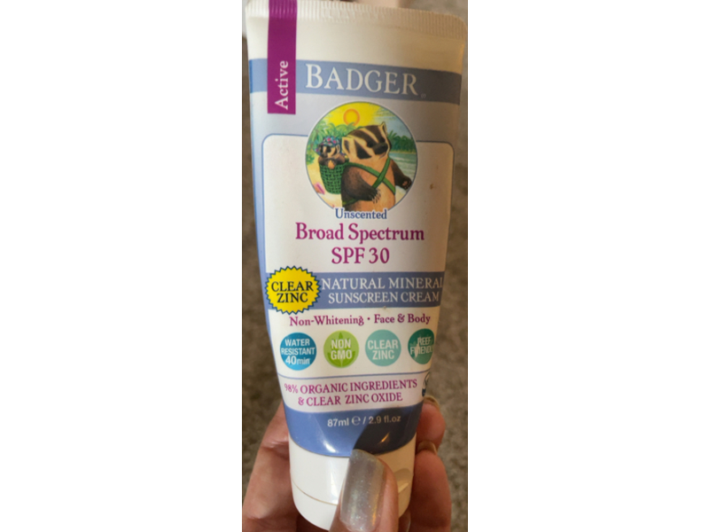 Badger Unscented Natural Mineral Sunscreen Cream, SPF 30, 2.9 fl oz/87 mL