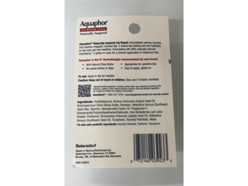 Aquaphor Lip Repair Stick, Aloe Vera & Shea Butter, 0.17oz/4.8 g, Pack of 2