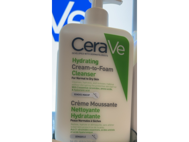 CeraVe Hydrating Cream-To-Foam Cleanser, 3 Essential Ceramides+Amino Acids & Hyaluronic Acid, 16 fl oz/473 mL