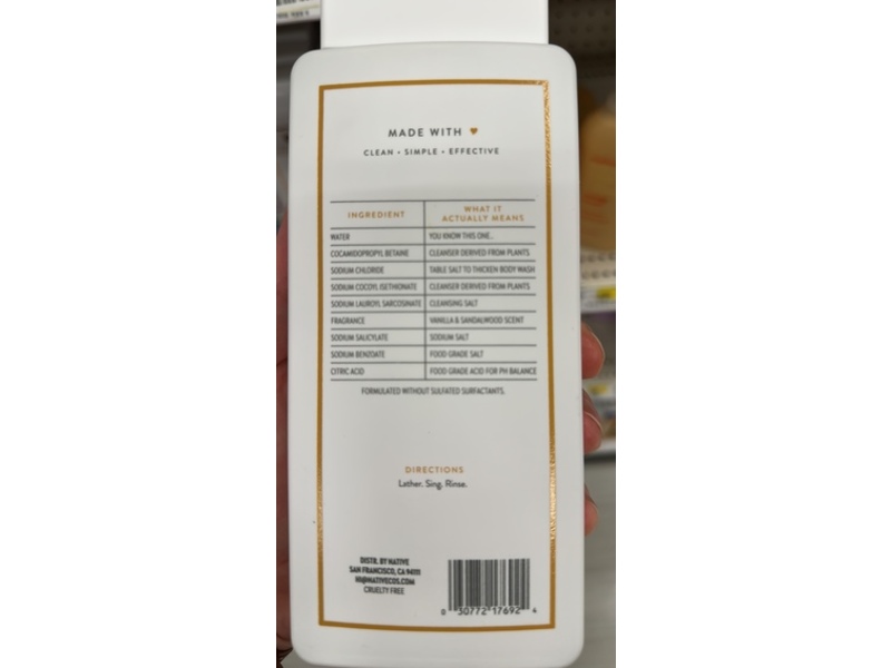 Native Body Wash, Vanilla & Sandalwood, 18 fl oz/532 mL