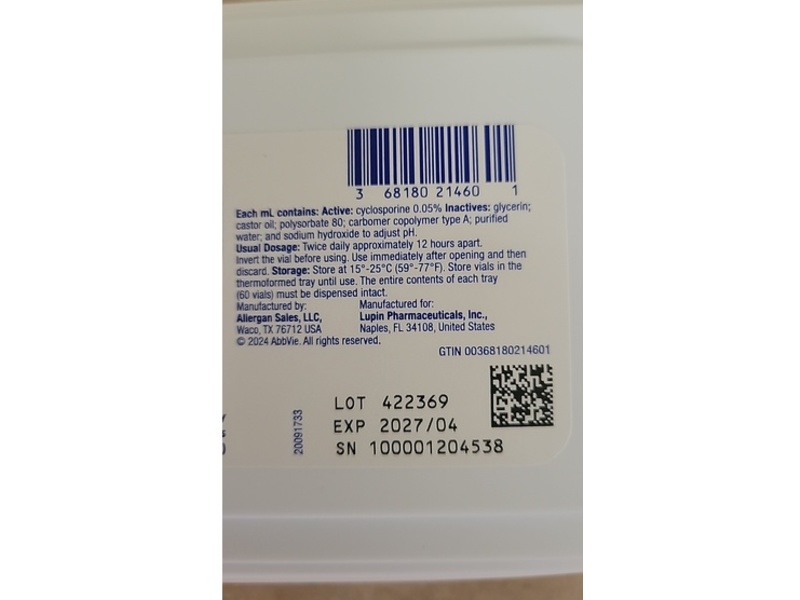 Cyclosporine Ophthalmic Emulsion 0.05%, 0.4 ml vials, Lupin (Rx)