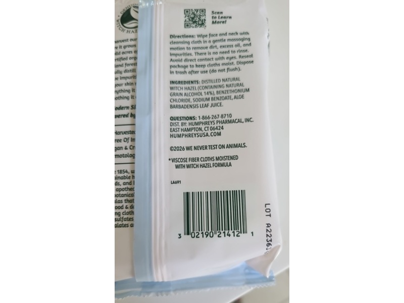 Humphreys Cleansing Cloths, Witch Hazel & Aloe, 25 Count