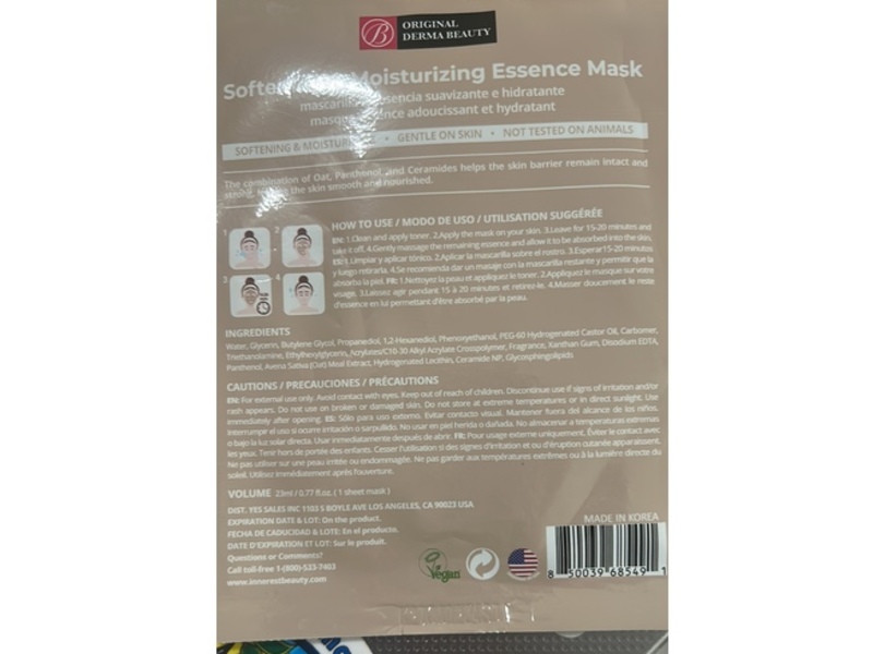 Original Derma Beauty Softening & Moisturizing Essence Mask, Oat, 0.77 fl oz/23 mL, 1 Count, Pack Of 24