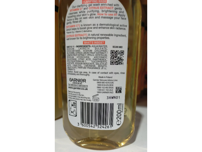 Garnier Clarifying Face Wash, Vitamin C, 200 mL