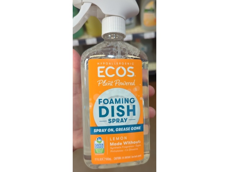 Ecos Plant Powered Foaming Dish Spray, Lemon, 17 fl oz/503 mL, Pack Of 4