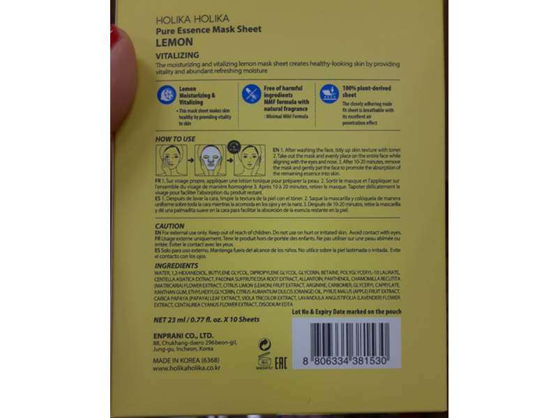 Holika Holika Pure Essence Mask Sheet, Lemon Vitalizing, 0.77 fl oz/23 mL
