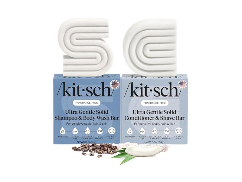 Kitsch Ultra Gentle Solid Shampoo Body Wash Bar Solid Conditioner & Shave Bar, Fragrance-Free, 2 Count