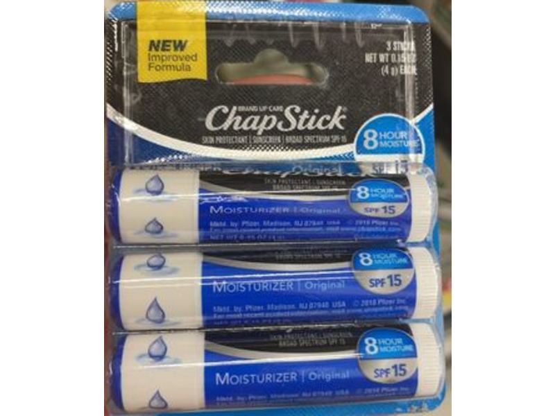 ChapStick Lip Moisturizer And Skin Protectant, Original, SPF 15, 0.15 oz, 12 Carded Pack Of 3 Sticks