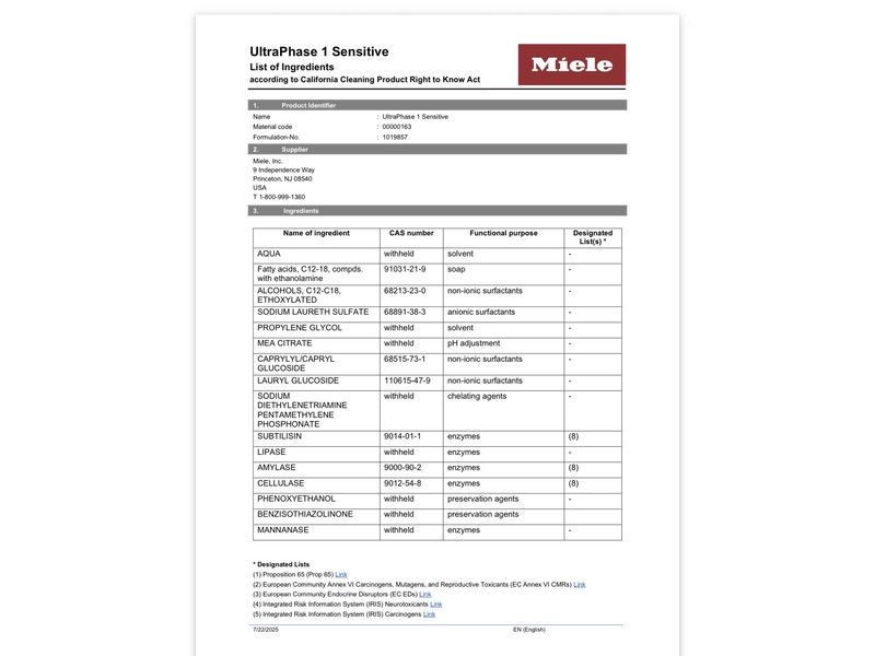 Miele UltraPhase 1 Sensitive Detergent , 48.69 fl oz/1.44 L
