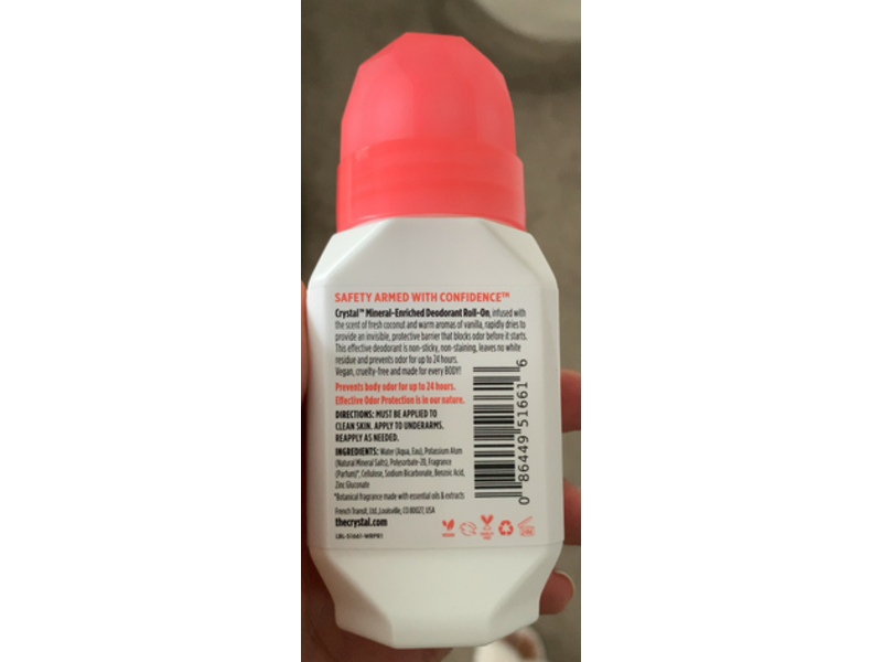 Crystal Mineral- Enriched Deodorant Roll-On, Coconut & Vanilla, 2.225 fl oz/66 mL