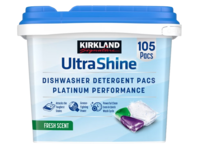 Kirkland Signature UltraShine Dishwasher Detergent Pacs, Fresh, 47.6 oz/1.35 Kg, 105 Count - thumbnail 1