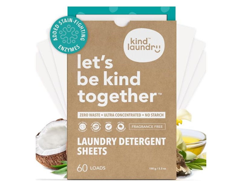 Kind Laundry Let's Be Kind Together Detergent Sheets, Fragrance Free, 60 Loads, 5.3 fl oz/150 g