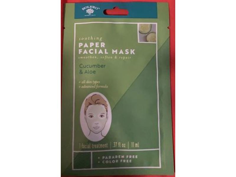 Bolero Beverly Hills Facial Paper Mask, Cucumber Aloe, 0.37 fl oz/11 mL