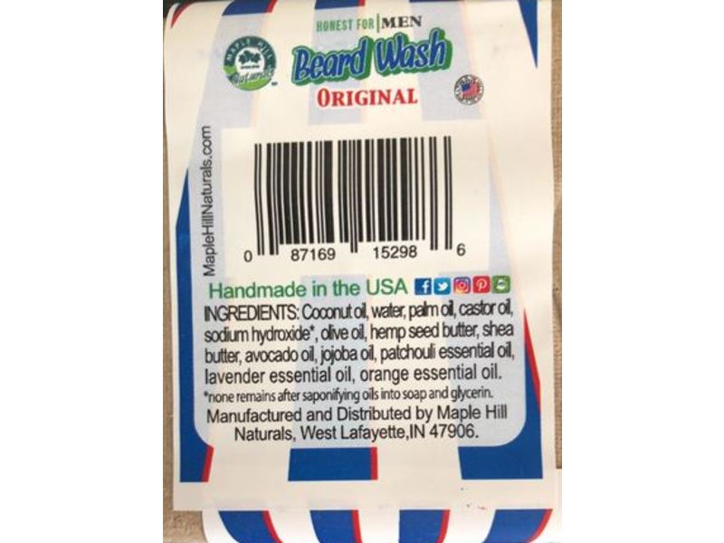 Maple Hill Naturals Honest for Men Beard Wash, Original Scent, 4 oz/113 g