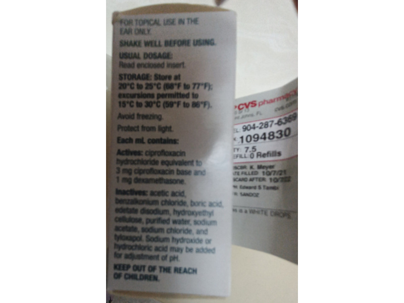 Ciprofloxacin 0.3% And Dexamethasone 0.1% Sterile Otic Suspension, 7.5 mL, Sandoz (RX)