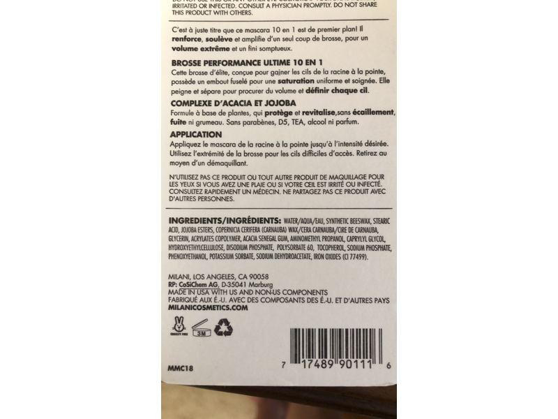 Milani Highly Rated 10-In-1 Volume Mascara, Black, 0.41 fl oz/12 mL