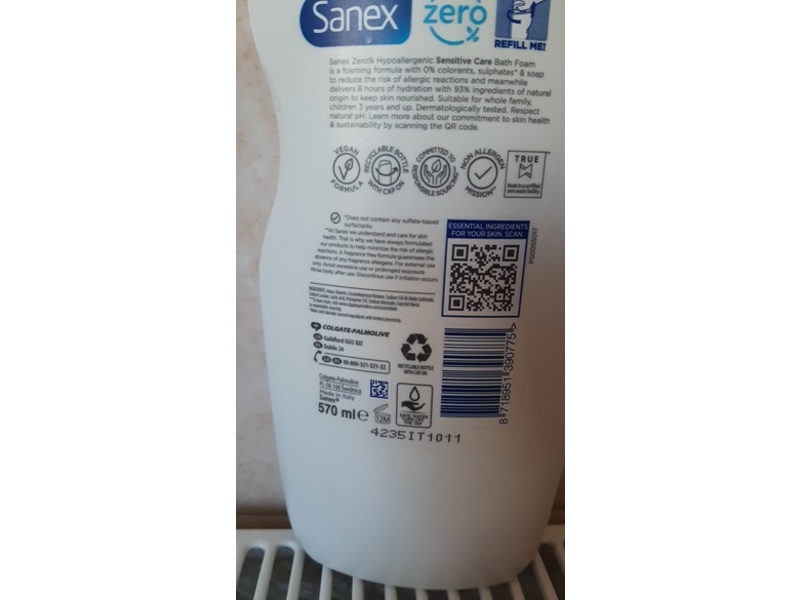 Sanex Zero Sensitive Care Bath Soak, 570 mL