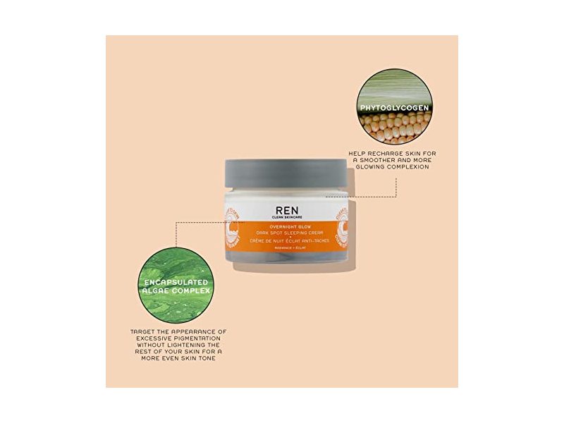 REN Clean Skincare Overnight Glow Dark Spot Sleeping Cream - Targeted Dark Spot Remover for Face 1.7 Fl OZ
