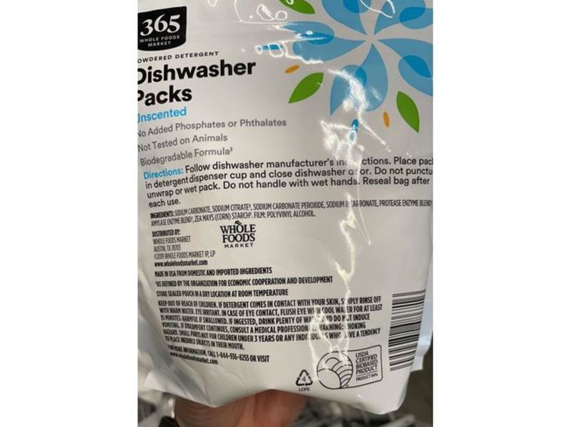 365 Whole Foods Market Diswasher Powered Detergent Packs, Unscented, 9.5 oz/270 g, 18 Ct