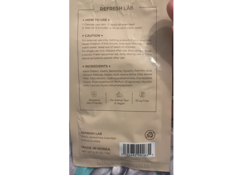 Refresh Lab Cooling Clay Mask, Oatmeal, 0.35 oz/10 g