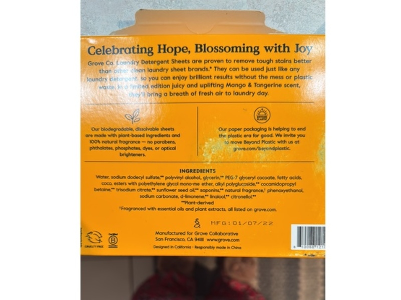 Grove Co Power Clean Laundry Detergent Sheets, Mango & Tangerine, 32 Loads, 32 Count