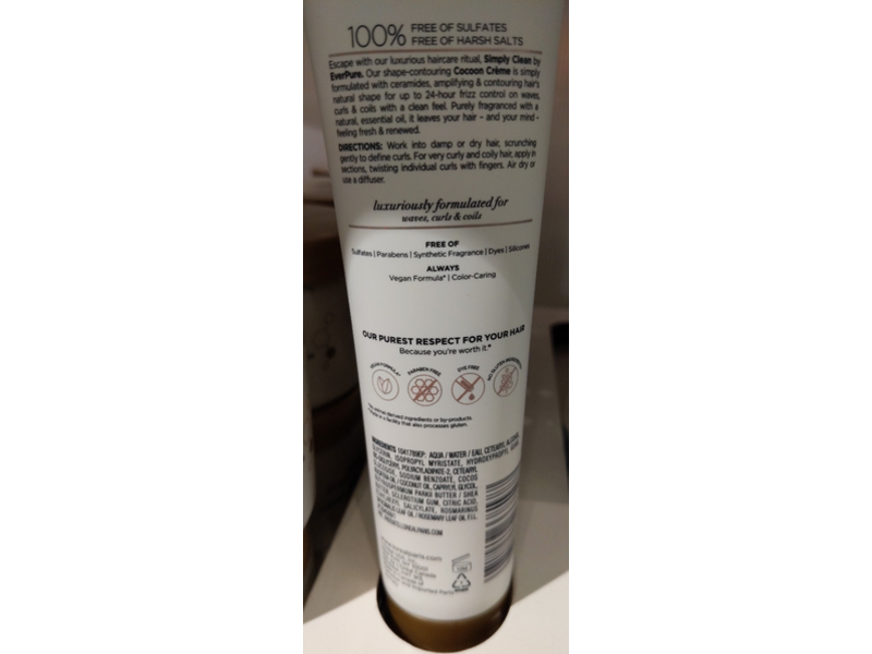 L'Oreal Paris Everpure Simply Clean Curl Cocoon Creme, Essential Oil, 5.1 fl oz/150 mL