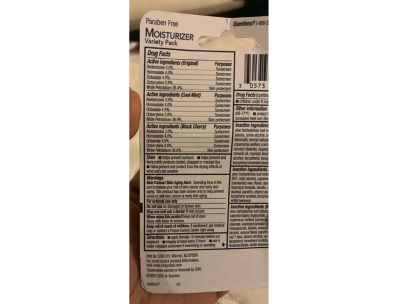 Chapstick Moisturizer 2 In 1 Lipcare, SPF 12, Black Cherry, Cool Mint & Original, Pack Of 3