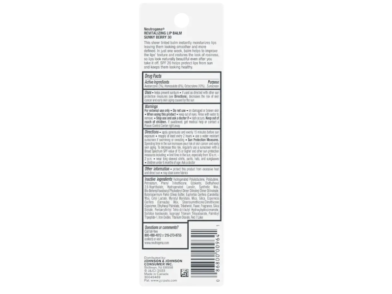 Neutrogena Revitalizing Lip Balm, SPF 20, Sunny Berry 30, 0.15 oz/4.2 g