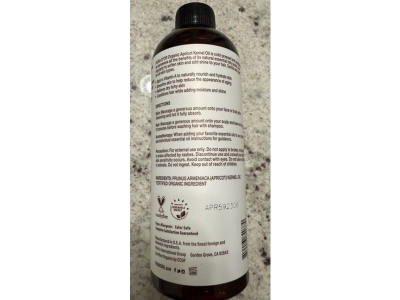 Pura Dor Organic Carrier Oil, Apricot, 16 fl oz/473 mL