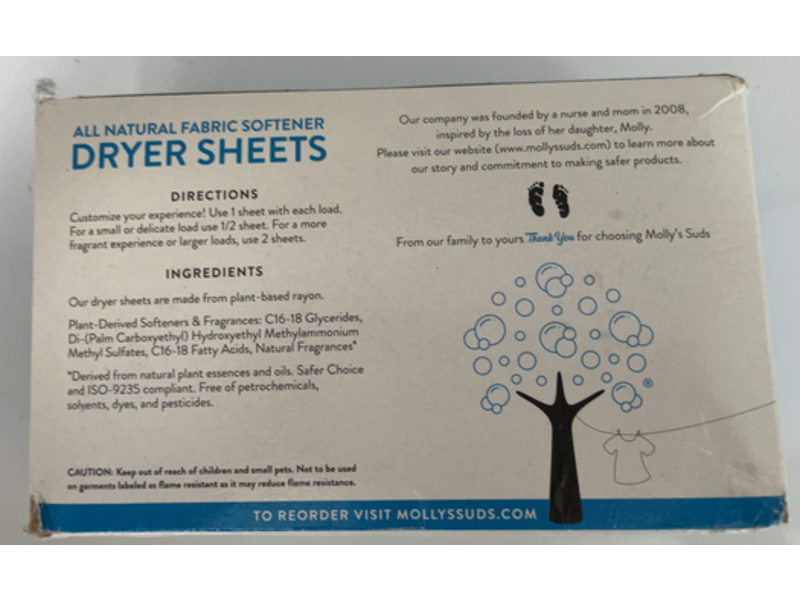 Molly's Suds All Natural Fabric Softener Dryer Sheets, Peppermint, 120 Count